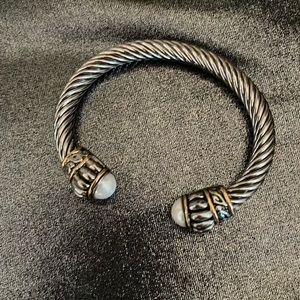 Contemporary bracelet, silver tone, and gold with white pearl